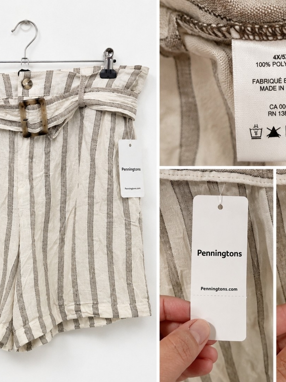 Penningtons Beige & Taupe Striped Linen-Blend Paperbag Shorts with Belt